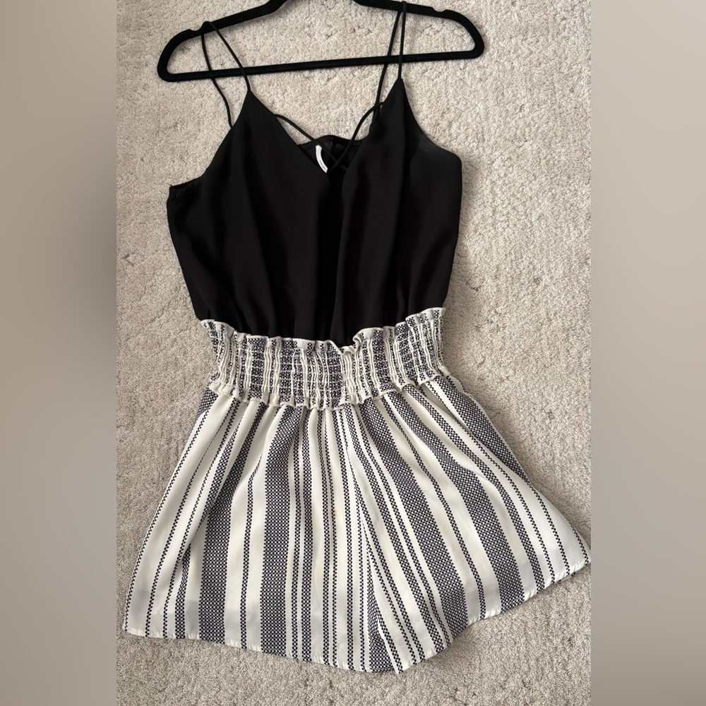 Sage Black & White Striped Smocked-Waist Romper